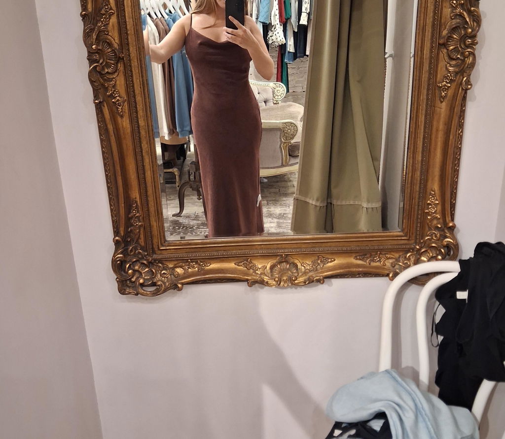 Kaissa | Brown Faux Suede Cowl Neck Midi Slip Dress