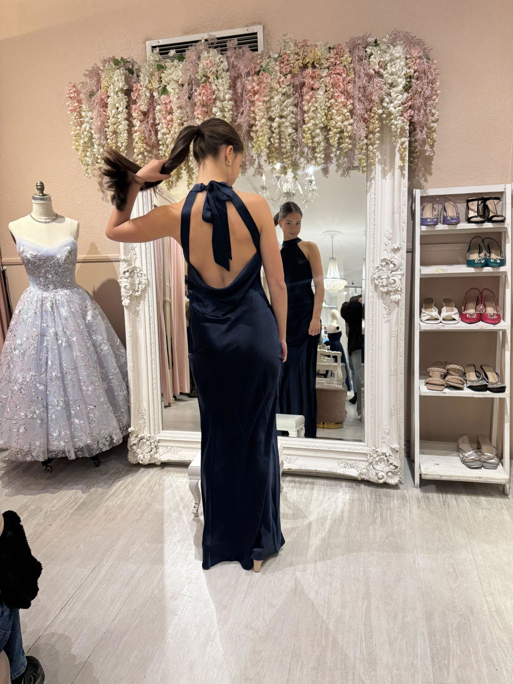 Selia Navy | Maxi Satin Dress with Open Back