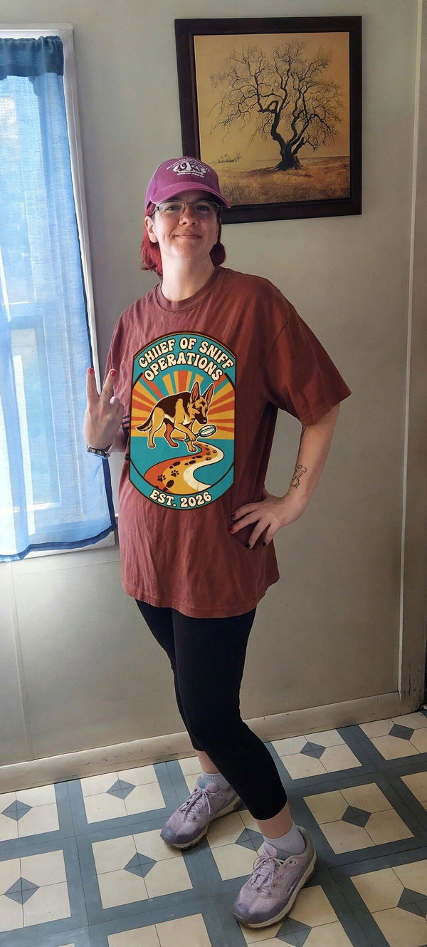 Sarah M. wearing her German Shepherd Chief of Sniff Operations tee in size XL