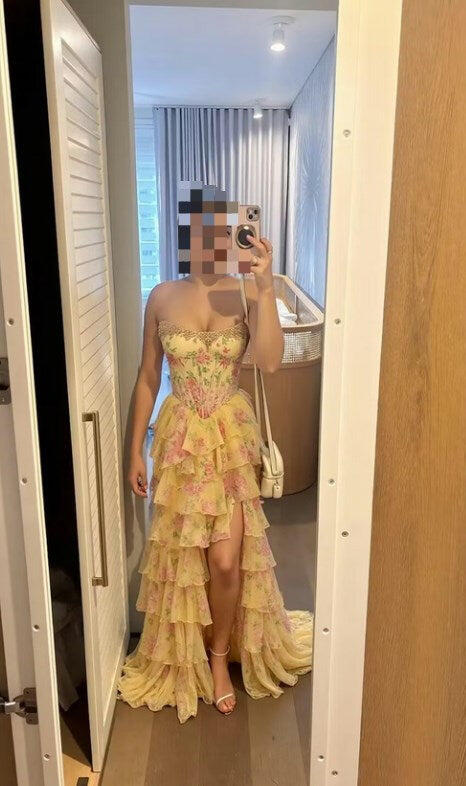 Strapless Floral Tulle Aline Evening Dress Front Split Corset Prom Dress