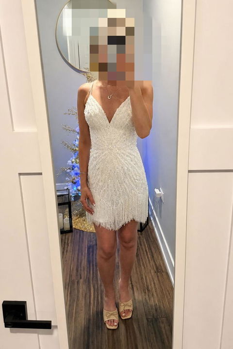 White Sequins Beadings Short Homecoming Dress with Fringes