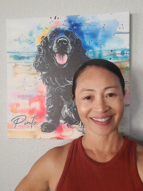 Pinto on the Beach. Colorful Black Cocker Spaniel Pet Memorial Canvas With Splashes of Rainbow Color