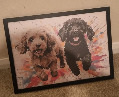 Two Cute Cockapoos! Watercolor Poster Print, Colorful Wall Art Gift for Dog Lovers, Doodle Mom or Dad. Cream and Black