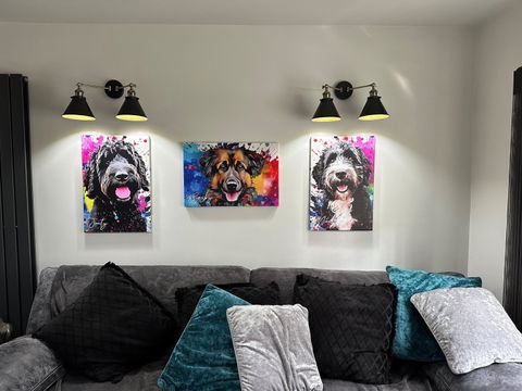 Jonty, Rigsby and Micah on Canvas. Colourful Paint Splash Bernedoodle and Sheparnese Dog Art & Prints