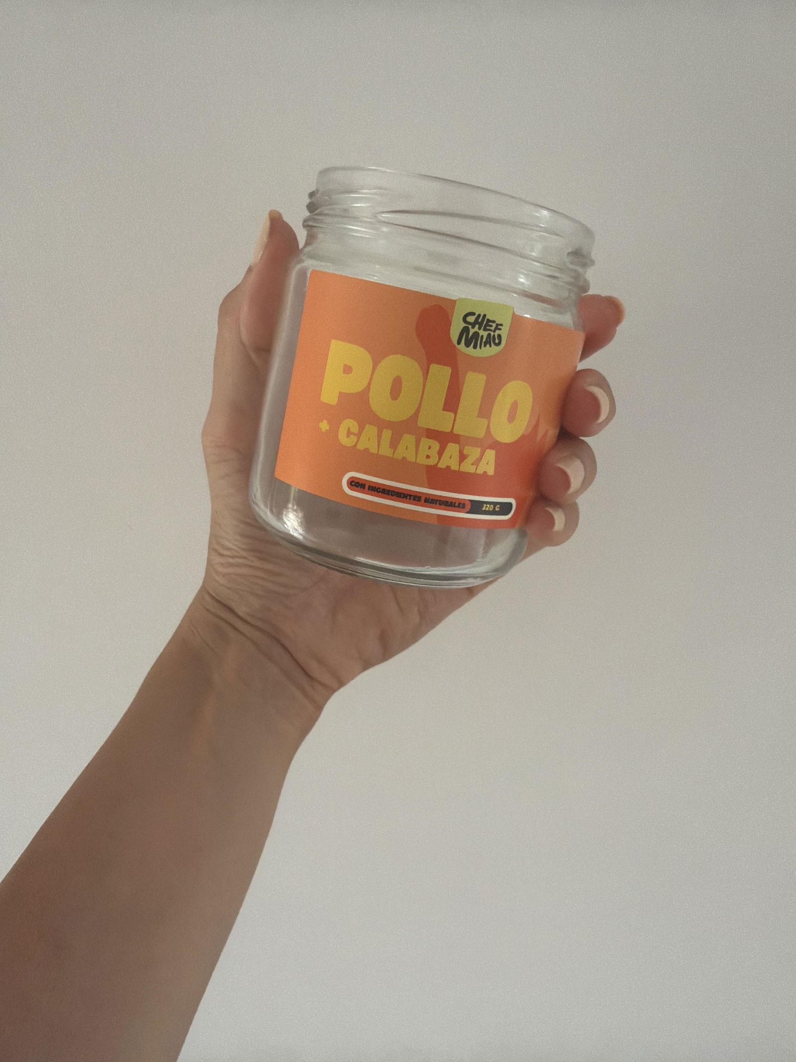 Tarro de Pollo y Calabaza en la mano de Iris