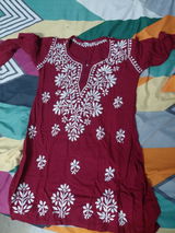 Ina Soft Rayon Handwork Chikankari Short Kurti - Maroon Colour