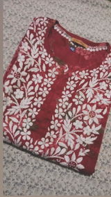 Zaina Pure Mulmul Chikankari Handwork Kurti - Red Colour