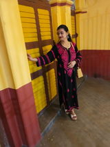 Shifa Soft Rayon Lucknowi Chikankari Kurti - Black Dark Pink Color
