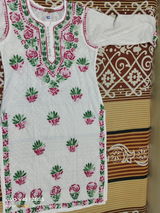 Seema Soft Dobby Cotton Lucknowi Chikankari Handwork Rose Work Kurti -Pink Colour