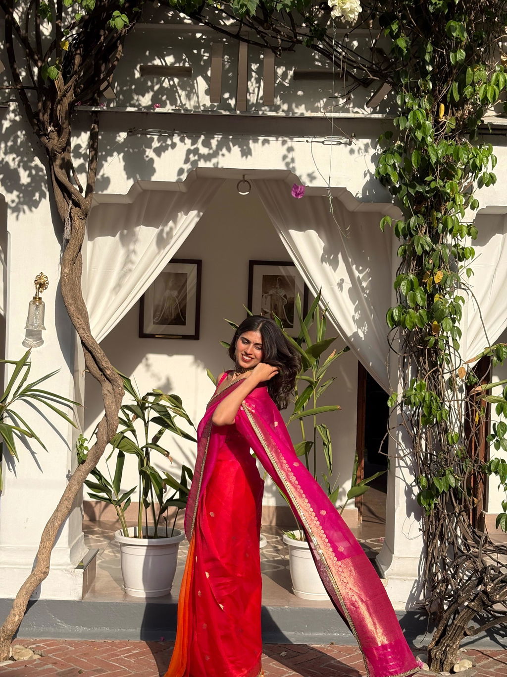 Reddish Pink Shaded Banarasi Organza Silk Saree