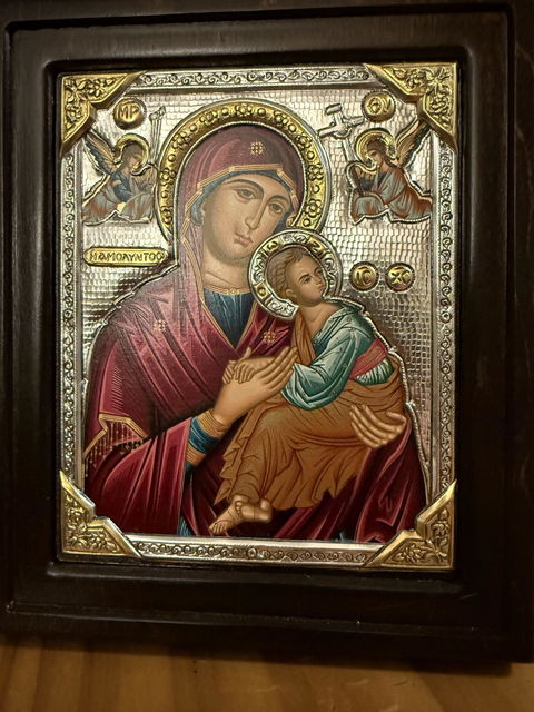 Virgin Mary of Passion - Silver icon on wood, locally gold plated - Mount Athos