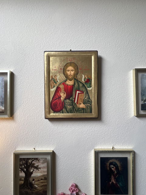 Jesus Christ Pantocrator - Aged wooden icon in canvas with gold background on carved wood - Mount Athos