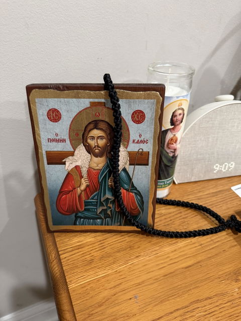 Jesus Christ Good Shepherd - Aged wooden icon in canvas with gold background - Mount Athos
