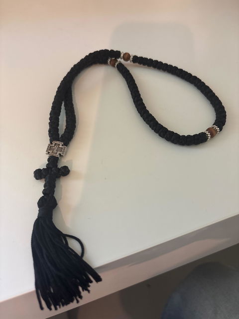 Mount Athos Waxed Prayer Rope with 100 Knots, Metal Cross & Tassel – Available in Black with Red, Blue, Brown Beads