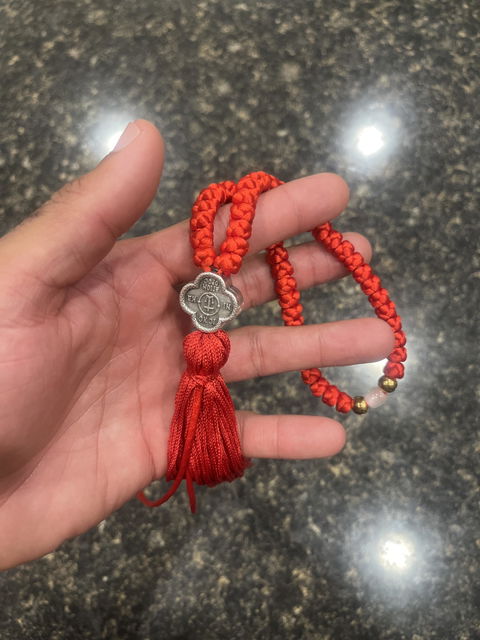 Mount Athos Waxed Prayer Rope with 50 Knots, Double-Sided Metal Cross & Tassel – Red