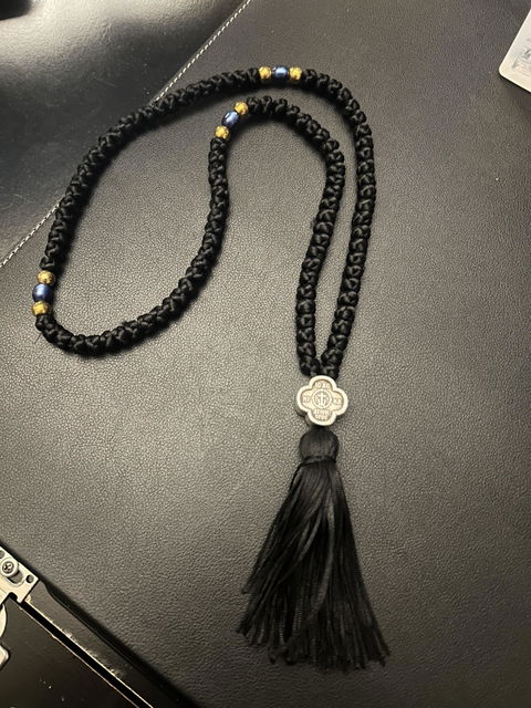 Mount Athos Waxed Prayer Rope with 100 Knots, Metal Cross & Tassel – Black