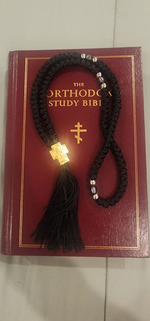 Mount Athos Waxed Prayer Rope with 100 Knots, Gold Embossed Cross & Tassel – Black
