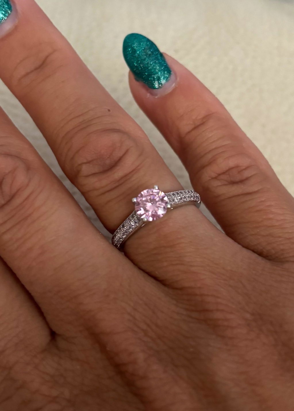 925 Sterling Silver Pink Cz Solitaire Ring with Pink Pave Set Cz Band