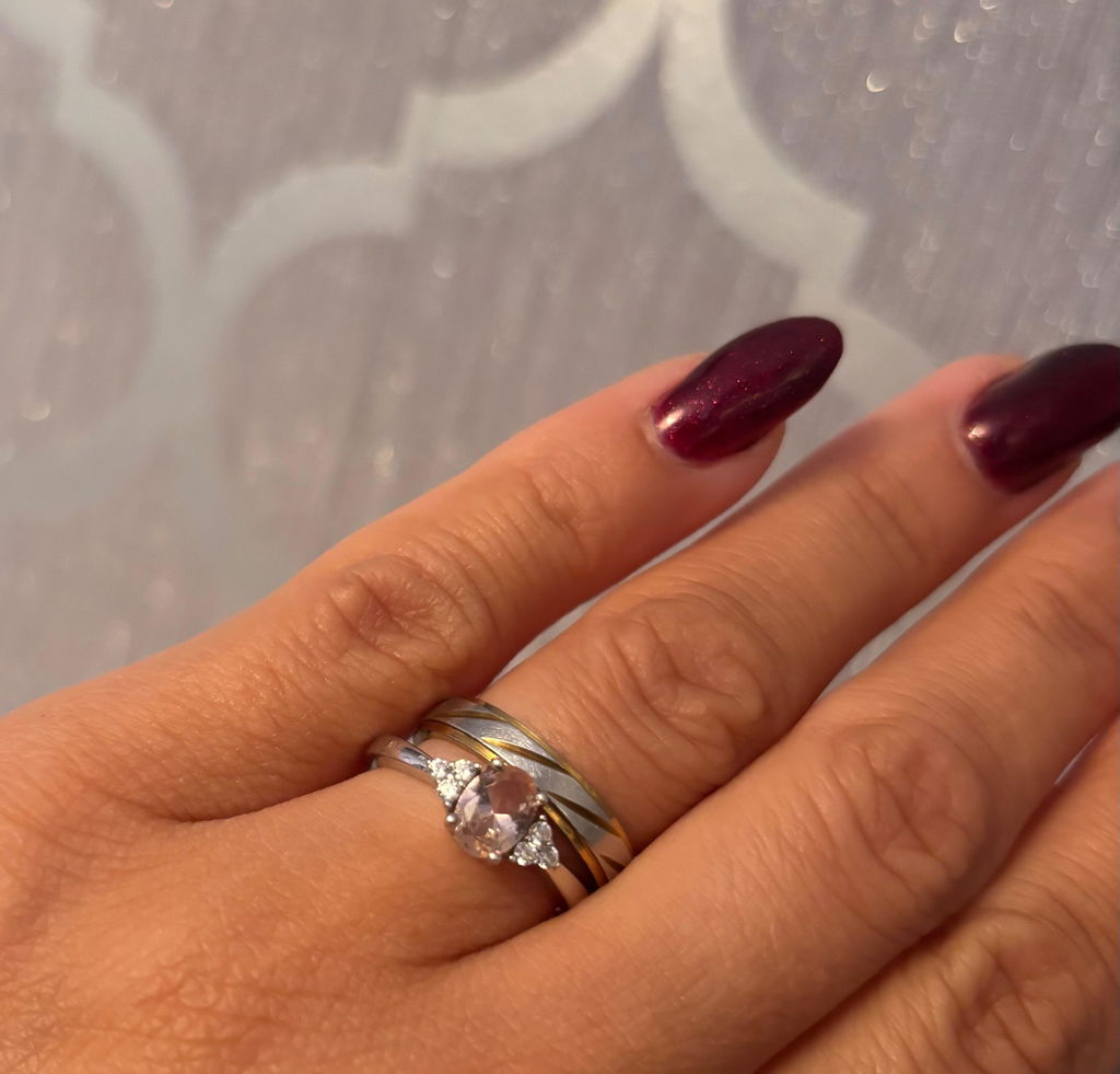 925 Sterling Silver Morganite Colour CZ Oval Ring with Trillion Sides