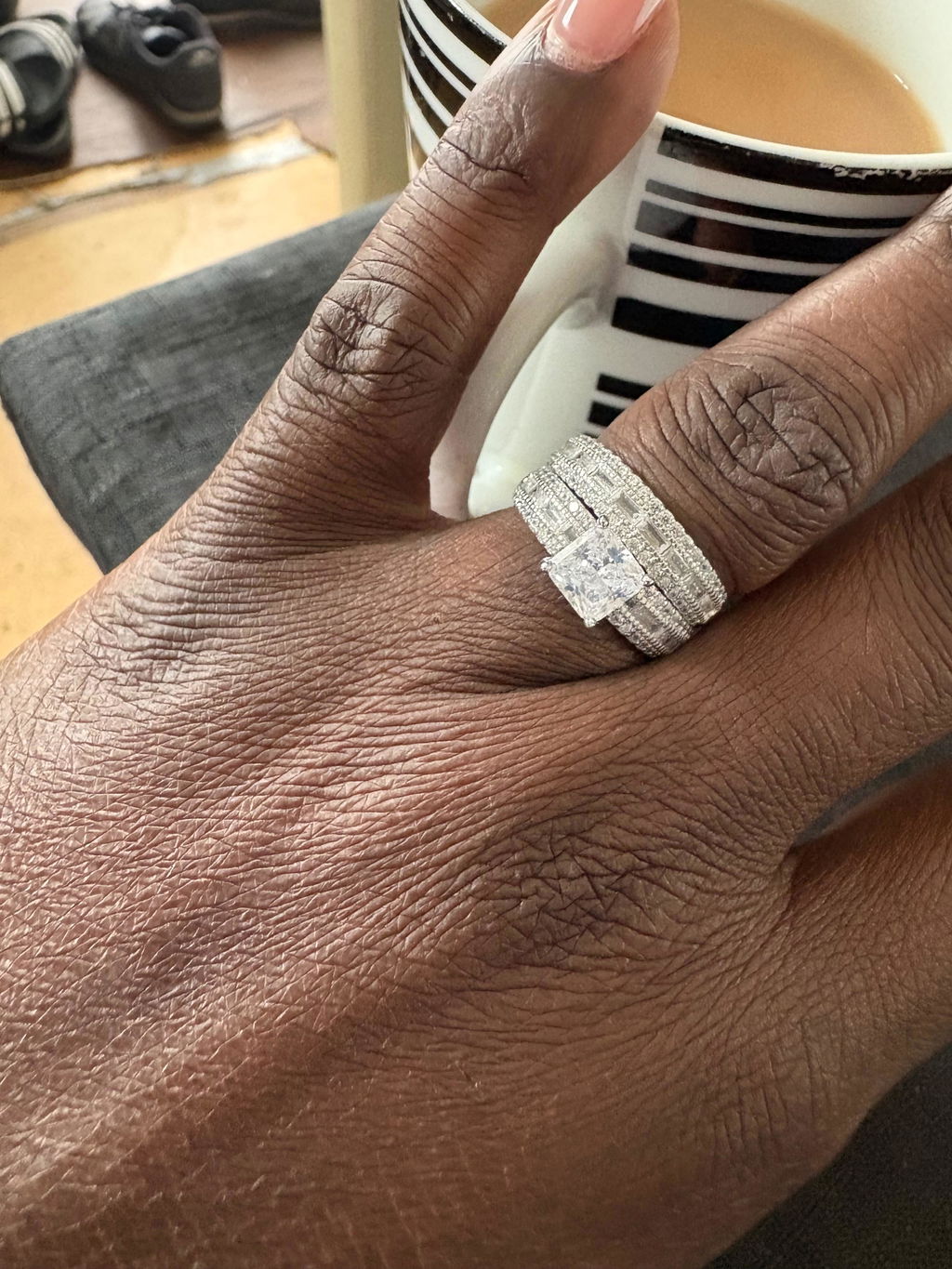 925 Sterling Silver Princess Cut Cz Ring Set with Round & Baguette Cut Cz Eternity Band