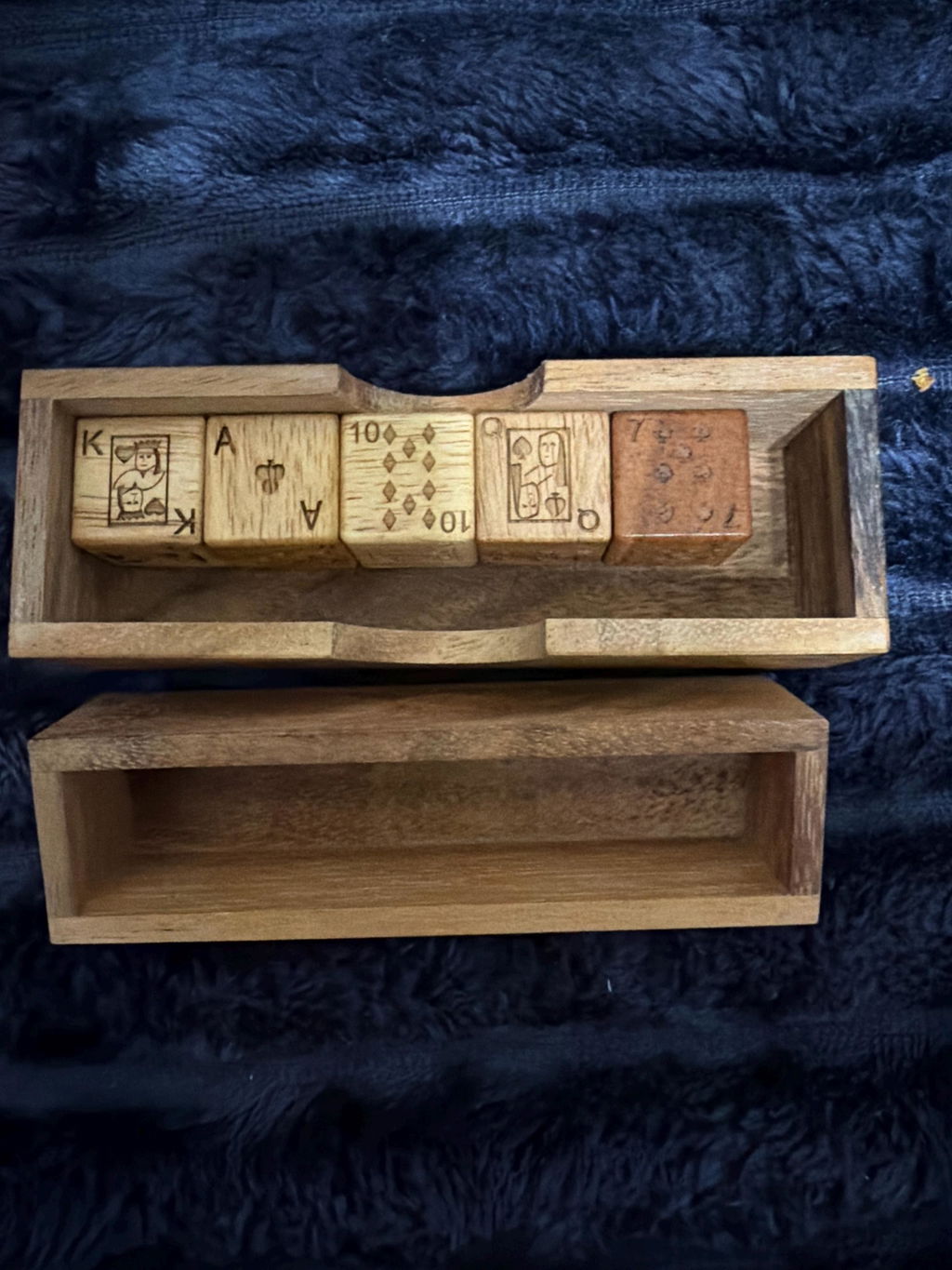 Poker Dice Deluxe in Wood Box Set - 5 Laser Engraved Hardwood Cubes