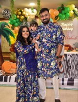 Stylish Navy Floral Crop Top with Lehenga and Kurta Pyjama Family Twin Set