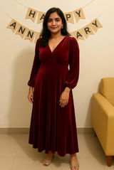 Maroon Velvet Evening Dress with Long Sleeves