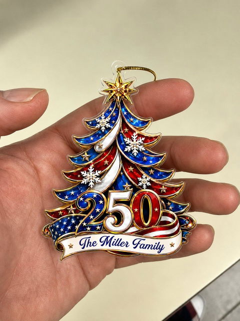 Ornament Patriotic Christmas Tree 250 - Personalized Acrylic Ornament 2d Flat, Custom Family Name America 250th Anniversary Christmas Gift, USA 1776-2026 Keepsake