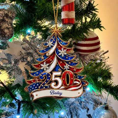 Ornament Patriotic Christmas Tree 250 - Personalized Acrylic Ornament 2d Flat, Custom Family Name America 250th Anniversary Christmas Gift, USA 1776-2026 Keepsake