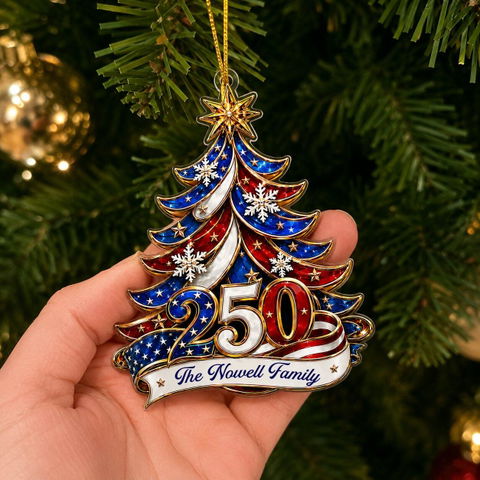 Ornament Patriotic Christmas Tree 250 - Personalized Acrylic Ornament 2d Flat, Custom Family Name America 250th Anniversary Christmas Gift, USA 1776-2026 Keepsake