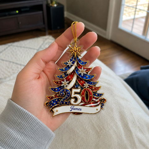 Ornament Patriotic Christmas Tree 250 - Personalized Acrylic Ornament 2d Flat, Custom Family Name America 250th Anniversary Christmas Gift, USA 1776-2026 Keepsake