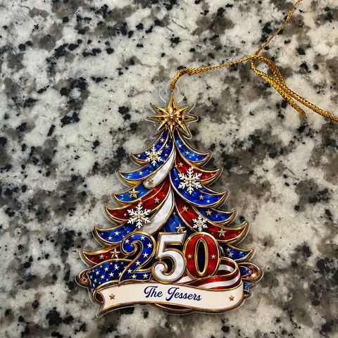 Ornament Patriotic Christmas Tree 250 - Personalized Acrylic Ornament 2d Flat, Custom Family Name America 250th Anniversary Christmas Gift, USA 1776-2026 Keepsake