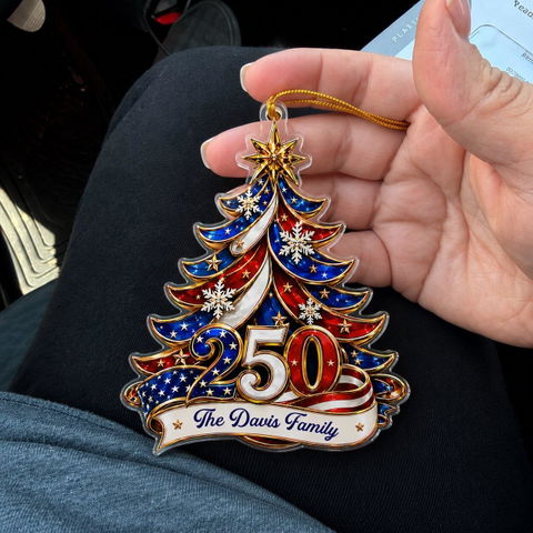 Ornament Patriotic Christmas Tree 250 - Personalized Acrylic Ornament 2d Flat, Custom Family Name America 250th Anniversary Christmas Gift, USA 1776-2026 Keepsake