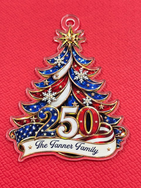 Ornament Patriotic Christmas Tree 250 - Personalized Acrylic Ornament 2d Flat, Custom Family Name America 250th Anniversary Christmas Gift, USA 1776-2026 Keepsake