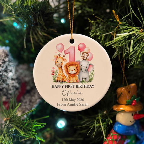 Happy First Birthday With Safari Animals - Personalized Ceramic Ornament, First Birthday Ornament Keepsake Gift With Safari Animals