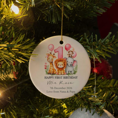 Happy First Birthday With Safari Animals - Personalized Ceramic Ornament, First Birthday Ornament Keepsake Gift With Safari Animals