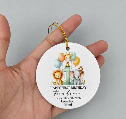 Happy First Birthday With Safari Animals - Personalized Ceramic Ornament, First Birthday Ornament Keepsake Gift With Safari Animals