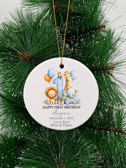 Happy First Birthday With Safari Animals - Personalized Ceramic Ornament, First Birthday Ornament Keepsake Gift With Safari Animals