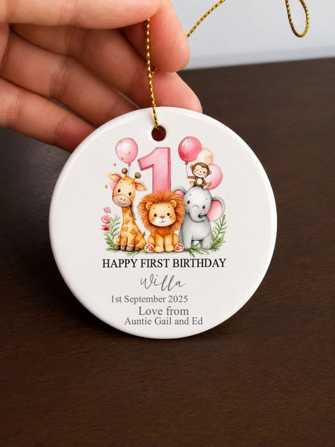 Happy First Birthday With Safari Animals - Personalized Ceramic Ornament, First Birthday Ornament Keepsake Gift With Safari Animals