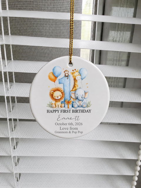 Happy First Birthday With Safari Animals - Personalized Ceramic Ornament, First Birthday Ornament Keepsake Gift With Safari Animals