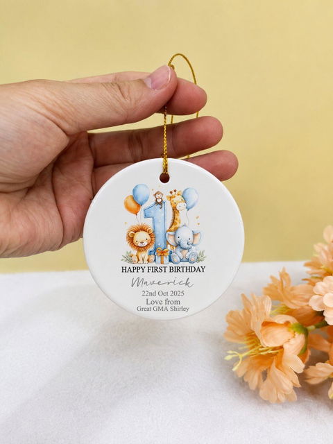 Happy First Birthday With Safari Animals - Personalized Ceramic Ornament, First Birthday Ornament Keepsake Gift With Safari Animals