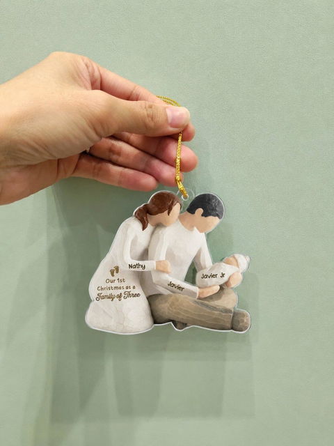 Our First Christmas As Family Of Three- Personalized Acrylic Ornament, New Parents Cradling Baby, Christmas Tree Decor and Unique Family Gift