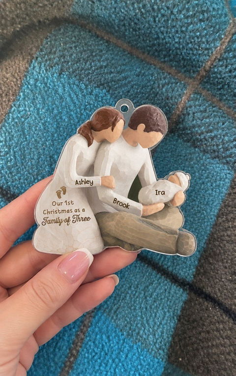 Our First Christmas As Family Of Three- Personalized Acrylic Ornament, New Parents Cradling Baby, Christmas Tree Decor and Unique Family Gift