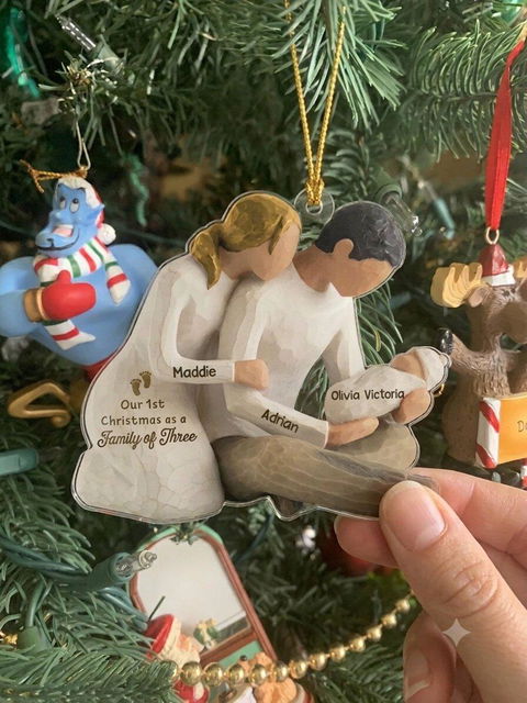 Our First Christmas As Family Of Three- Personalized Acrylic Ornament, New Parents Cradling Baby, Christmas Tree Decor and Unique Family Gift