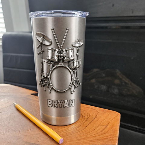 Drums Are My Therapy – Personalized Tumbler, Brushed Silver Metal Tumble, Drum Lovers Gift