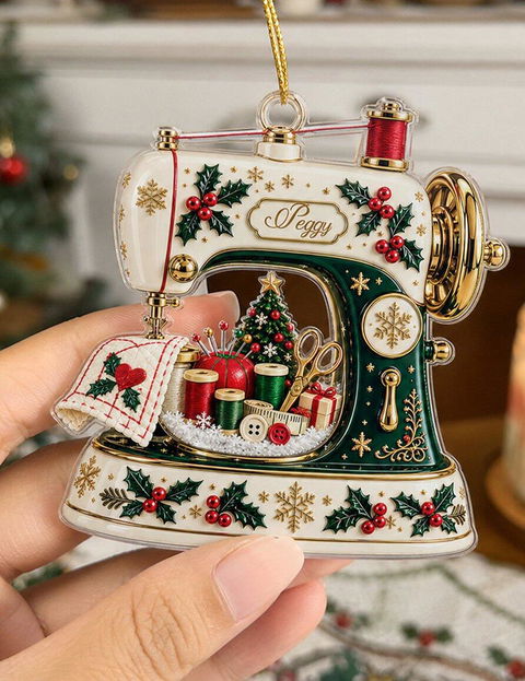 Sewing Machine Christmas- Personalized Acrylic Ornament,   Custom Name Seamstress Gift for Knitting Lover