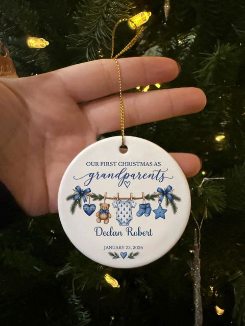 First Christmas Grandparents - Personalized Ceramic Ornament, Custom Baby Name Clothesline Keepsake, Christmas Ornament