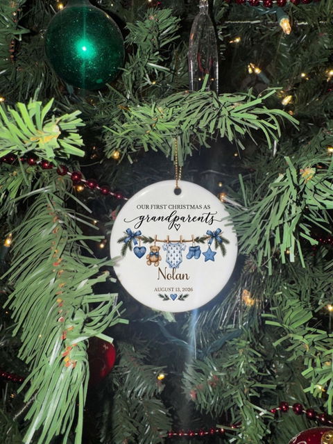 First Christmas Grandparents - Personalized Ceramic Ornament, Custom Baby Name Clothesline Keepsake, Christmas Ornament