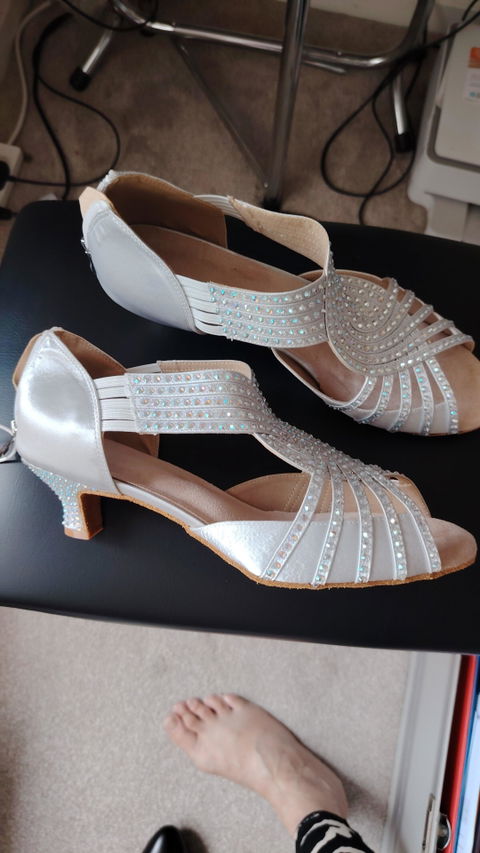 DS Women's Silver Customized Heel Strappy Satin Rhinestones Sandal Bride Dance Shoes