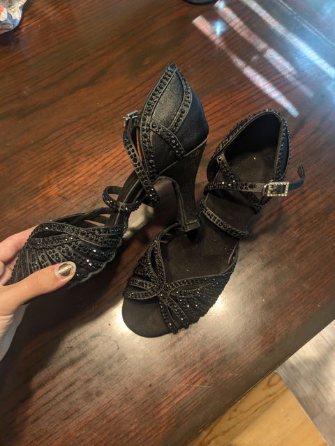 Women's Black Satin & Rhinestones Sandal Customized Heel Dance Shoes
